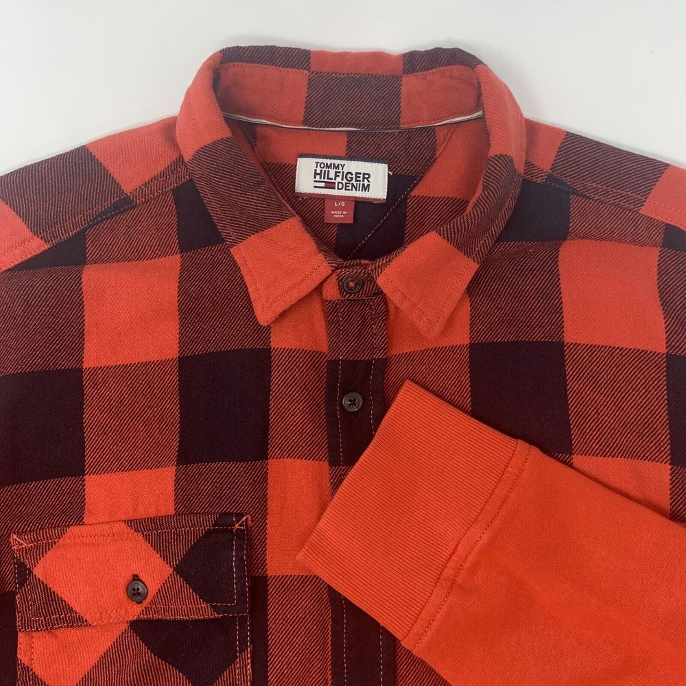 Tommy Hilfiger Men's Denim Button Shirt Size Large Red Black Check w/Red Sleeves